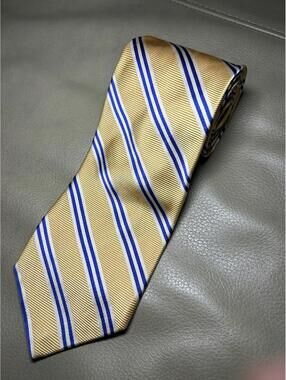 Brooks Brothers Makers Men’s 100% Silk Tie Yellow Blue White Triple Stripes BB4